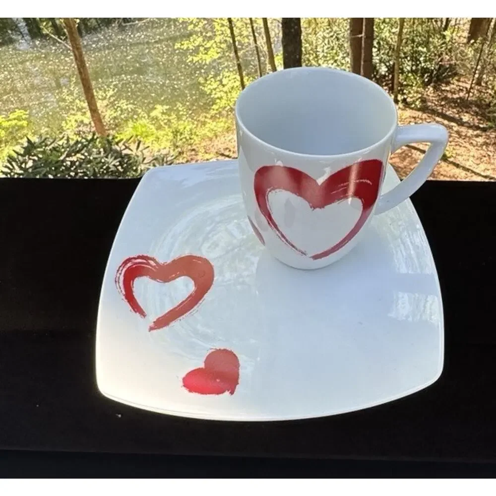 New Vintage Ikea Ceramic Red Heart Cup and Plate Set by Johanna Jelnik -A52